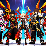 **

"A team of diverse fantasy characters in Elsword style, posing heroically. They are wearing brightly colored, perfectly synchronized equipment sets. Close-up details emphasize the gleaming Myhen weapon of the main character, showcasing critical damage stats. The background depicts a vibrant, slightly blurred Elrianode city marketplace. The scene conveys a sense of teamwork and powerful synergy, like a well-oiled orchestra."

**