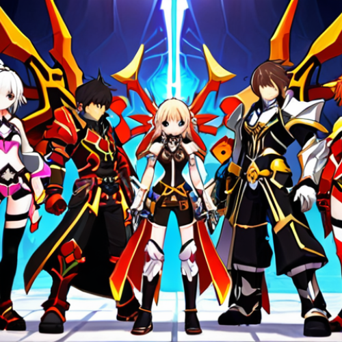 **

"A team of diverse fantasy characters in Elsword style, posing heroically. They are wearing brightly colored, perfectly synchronized equipment sets. Close-up details emphasize the gleaming Myhen weapon of the main character, showcasing critical damage stats. The background depicts a vibrant, slightly blurred Elrianode city marketplace. The scene conveys a sense of teamwork and powerful synergy, like a well-oiled orchestra."

**