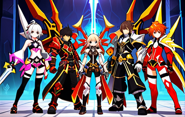 **
"A team of diverse fantasy characters in Elsword style, posing heroically. They are wearing brightly colored, perfectly synchronized equipment sets. Close-up details emphasize the gleaming Myhen weapon of the main character, showcasing critical damage stats. The background depicts a vibrant, slightly blurred Elrianode city marketplace. The scene conveys a sense of teamwork and powerful synergy, like a well-oiled orchestra."
**