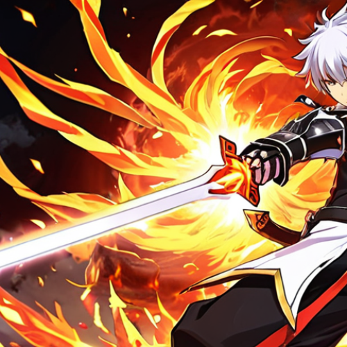 Elsword in Action**

Prompt: A dynamic action shot of Elsword, the courageous warrior, mid-battle. He's wielding his sword with fiery energy, surrounded by swirling effects. Focus on strong lines and vibrant colors, showcasing his aggressive fighting style. Think anime-inspired action scene, with a touch of fantasy elements.

**