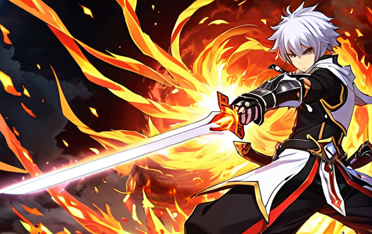 Elsword in Action**
Prompt: A dynamic action shot of Elsword, the courageous warrior, mid-battle. He's wielding his sword with fiery energy, surrounded by swirling effects. Focus on strong lines and vibrant colors, showcasing his aggressive fighting style. Think anime-inspired action scene, with a touch of fantasy elements.
**