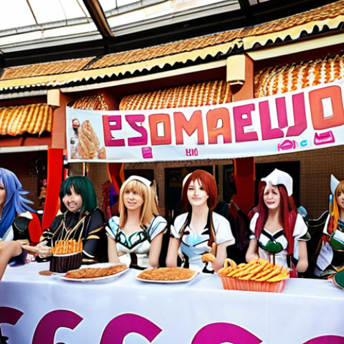 **

"A bustling Elsword offline event in Madrid. Cosplayers dressed as their favorite characters (e.g., Elesis, Add, Aisha) gather around a tournament stage, cheering enthusiastically. The scene is energetic and colorful, with banners and posters of Elsword characters decorating the venue.  Focus on the expressions of excitement and camaraderie between the attendees.  Include a food vendor selling churros and chocolate in the background. High-quality photography, dynamic composition."

**