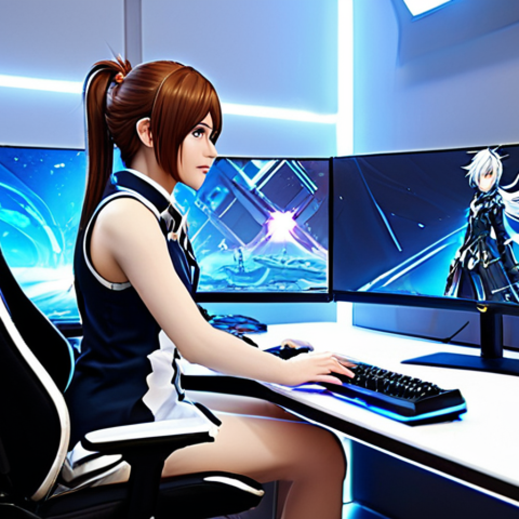 **

"A fully clothed professional female Elsword player, wearing a stylish and modest gaming outfit, sitting in a brightly lit, modern gaming room with multiple monitors, focused on the game, appropriate attire, safe for work, perfect anatomy, natural proportions, high-quality digital art, family-friendly."

**