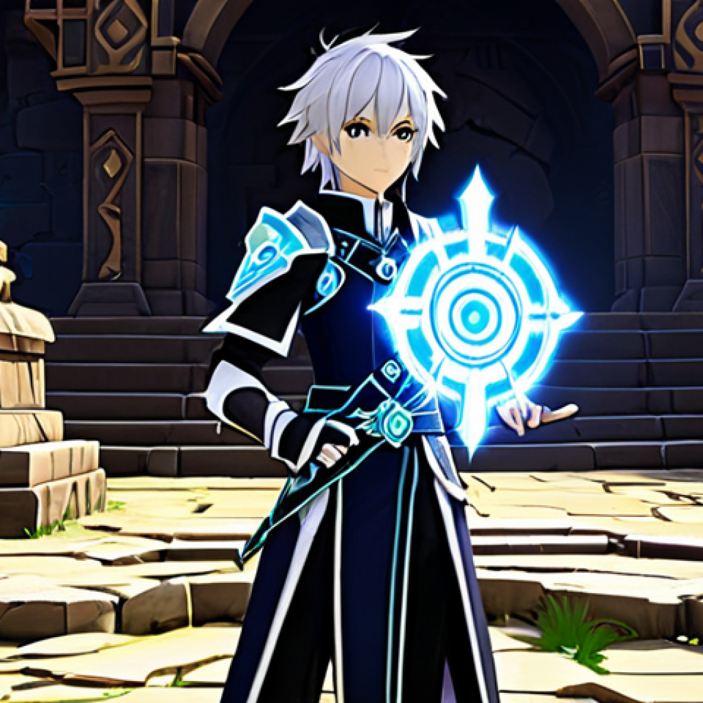 엘소드 아티팩트 시스템 이해 - **A determined Elsword character, fully clothed in their signature Elsword attire, examining a glowi...