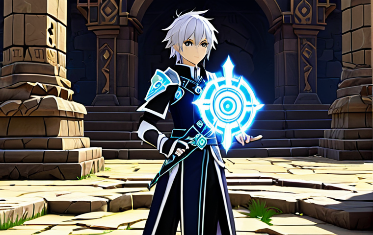 엘소드 아티팩트 시스템 이해 - **A determined Elsword character, fully clothed in their signature Elsword attire, examining a glowi...