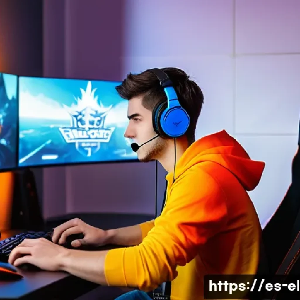 엘소드 아레나 대회 준비법 - A dynamic esports gaming scene featuring a focused Spanish male gamer in his mid-20s, sitting at a s...