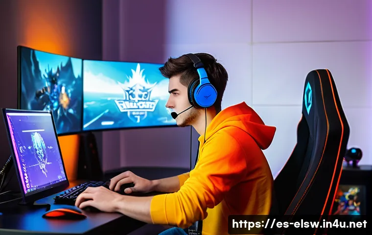엘소드 아레나 대회 준비법 - A dynamic esports gaming scene featuring a focused Spanish male gamer in his mid-20s, sitting at a s...