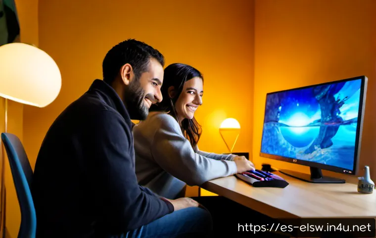 엘소드 친구 시스템 효과 - Photorealistic scene of two adult friends in a cozy Spanish apartment gaming together at a shared de...